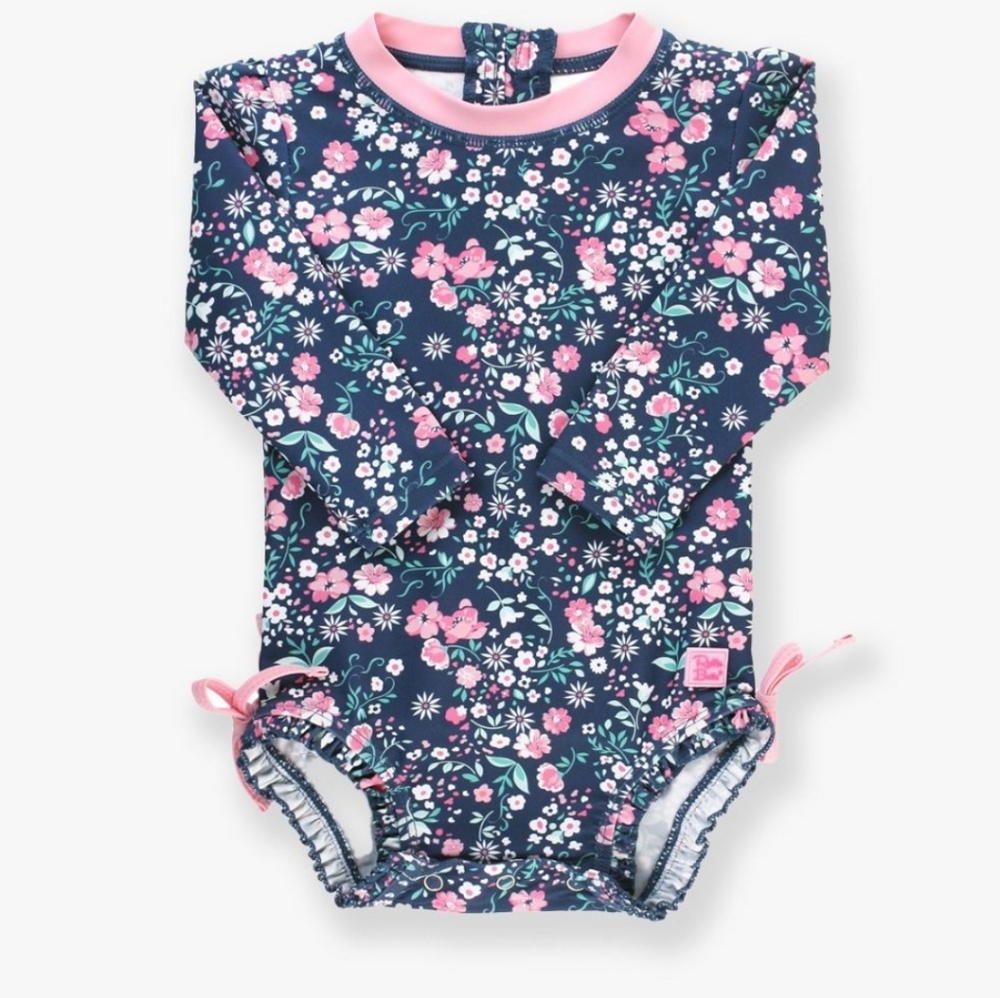 Ruffle Butts Navy and Pink Floral Long Sleeve Rashguard